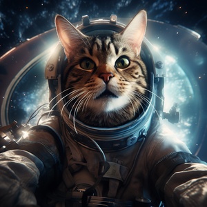 一只猫穿着宇航服在宇宙飞船操作，背景是银河系，高质量光影