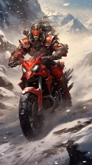 帅气的吕布，穿着红色的盔甲，骑着汗色摩托车，在虎牢关里迎着大雪狂奔，背面是城，城左下边有一条沟结冰