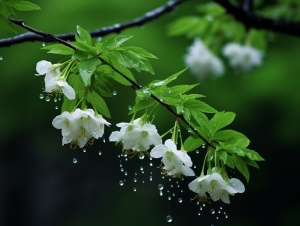 柔和绵绵的春雨洒在青翠的枝叶上，轻抚着娇嫩的花蕊。清晨的雾气朦胧地弥漫，如诗如画的景色中荡起轻盈的雨丝，为大地带来一片静谧的美好。湿润的泥土散发出清新芬芳的气息，细雨缓缓滑过花瓣，闪烁着细腻而动人的光泽。雨滴落入水中，泛起涟漪，点缀着整个自然画卷，仿佛在诉说着春天的故事。,特写,背景虚化