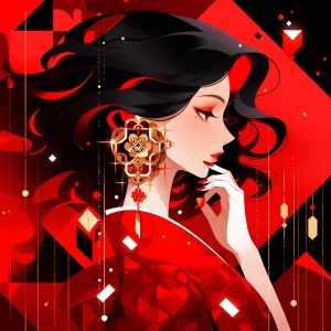 一个女孩与红色和服和红色唇膏，在单色图形设计，现代珠宝，夜芯，丰富多彩的动画，亚历山大·米尔恩·卡尔德，耶利米·凯特纳，烟熏背景的风格