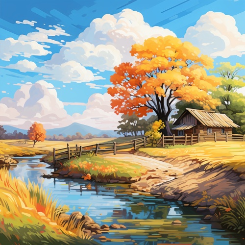 这是一幅描绘乡村景色的画。画面中心是一座传统的白色乡村小屋，屋顶铺有瓦片。小屋前有一座木制的小桥横跨在一条清澈的河流上。河边的两侧生长着五彩斑斓的树木，其中一些树叶已经变成了秋天特有的金黄色。天空是蓝色的，上面飘着几朵白云。