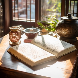 An open book with calligraphic Chinese characters on the pages. The background of the scene includes wooden furniture and white sunlight, creating a bright atmosphere. This photo was taken with a Canon EOS R5 camera with a macro lens aperture of f2.8.