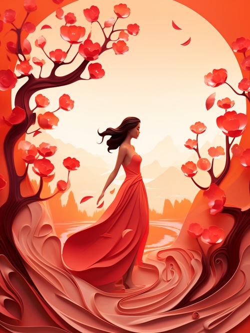 A lovely female image with a flower, in the style of colorful fantasy realism, warm tones, paper-cut style, sandalwood hall, joyfully celebrating nature, smooth and shiny, soft silhouette, cartoon character design style, fine brushwork, romantic scenery, light red and light amber