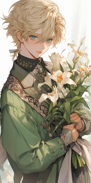 少男，金色的头发，绿色眼睛，穿绿色衣服，手捧鲜花
