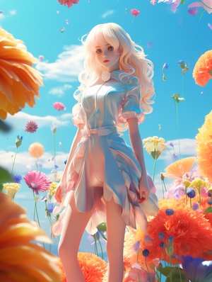 the beauty is standing on the flower, full body ,the facial details are perfect, and the character details are exquisite,trendy fashion clothes, trendy portraits, bright colors, clean background，3D cartoon style rendering,Panoramic view, large aperture,  pop Mart production, delicate gloss,8K gradient translucent glass melt, frosted glass niji 6