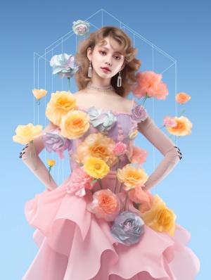 the beauty is standing on the flower, full body ,the facial details are perfect, and the character details are exquisite,trendy fashion clothes, trendy portraits, bright colors, clean background，3D cartoon style rendering,Panoramic view, large aperture,  pop Mart production, delicate gloss,8K gradient translucent glass melt, frosted glass niji 6