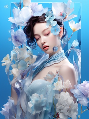 the beauty is standing on the flower, full body ,the facial details are perfect, and the character details are exquisite,trendy fashion clothes, trendy portraits, bright colors, clean background，3D cartoon style rendering,Panoramic view, large aperture,  pop Mart production, delicate gloss,8K gradient translucent glass melt, frosted glass v 6