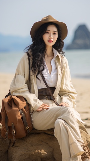米色衣服，米黄色马靴，海滩，船，一个美丽的中国女孩坐在沙滩上拿着相机拍照