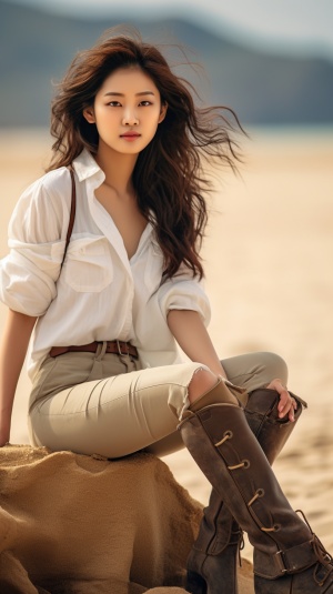 米色衣服，米黄色马靴，海滩，船，一个美丽的中国女孩坐在沙滩上开心的跑步