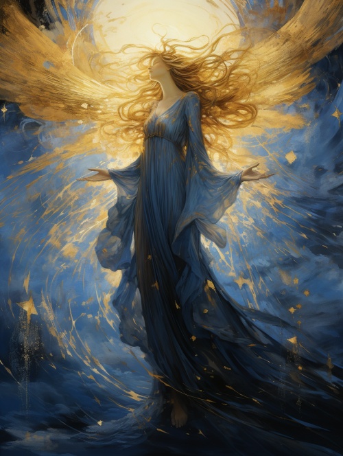 光之天使，由michino daniela kyo ao色彩设计，采用matt molloy，yoann lossel的风格，发光的海景，深青色和金色，光芒四射，梦幻般的氛围，katsushika hokusai发光，金粉