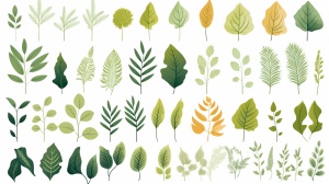 各种植物叶子，手绘风格，UI扁平设计，白色背景，纯色背景，高细节