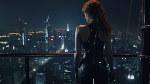 电影《黑寡妇》中的娜塔莎（斯嘉丽约翰逊）夜晚站在摩天大楼上俯视 全身照 广角 身材超级好 细腰丰臀 后背 写实场景 8k 细节清晰 真实的 高清 写实主义 细节 8K超