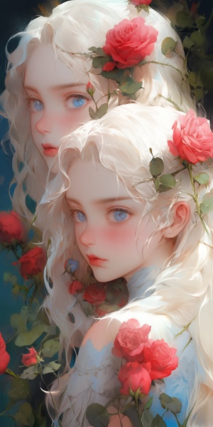 双生花 妹妹是白玫瑰 蓝发 粉瞳 温柔 美丽 端庄 姐姐是红玫瑰 金发 红瞳 疯痞 迷人 危险