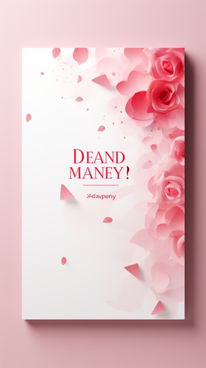 The overall style of the poster is light pink, with an abstract rose petal background. The upper part is titled "Happy Women's Day". The title is thick and design-like. The lower part uses a bouquet of red roses as the blurred focus. The 50mm lens is a realistic photography style ar 9:16