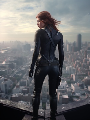 电影《黑寡妇》中的娜塔莎（斯嘉丽约翰逊）站在大都市的上空摩天大楼上俯视全市 全身照 广角 身材超级好 细腰丰臀 后背 写实场景 8k 细节清晰 真实的 高清 写实主义 细节 8K超
