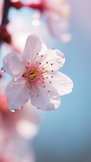 春天，清晨，一株盛开的樱花特写，天空虚化背景，露珠，背景虚化，自然光，45度角侧向光，微距拍摄，暖白色