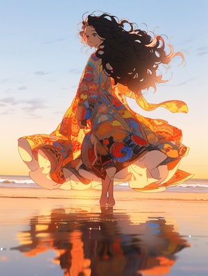 A Chinese woman with long curly hair wearing a thin silk yarn dress flies in the wind on the beach, the sun is shining, Hawaii! Large half mirror, depth of field