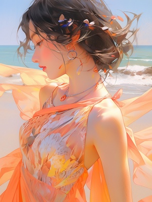 A Chinese 中长woman with short hair wearing a thin silk yarn dress flies in the wind on the beach, sunny, Hawaii! Large half mirror, depth of field