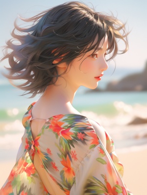 一中国中长短发女子穿薄款真丝纱长裙，随风飘扬在沙滩海边上，阳光灿烂，夏威夷！大半身镜照，景深