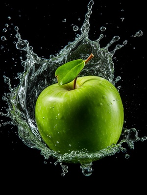 a fresh green apple,fall in the water,Splash,Seamless background.Shooting with a Leica camera,iso 300,Professional color grading,Clear focus,High-end synthesis,Commercial photography