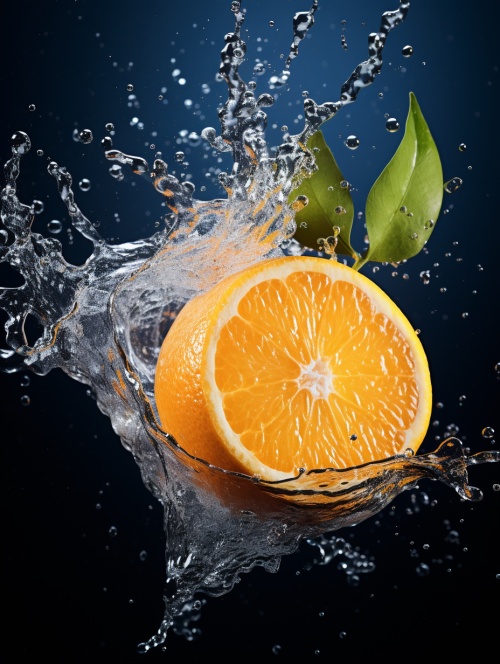 一个新鲜的橙子，掉在水里，溅起水花，无缝的背景。拍摄使用徕卡相机，感光度300，专业色彩分级，清晰聚焦，高端合成，商业摄影。