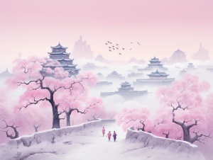 A group of people walking on the ancient city wall, in the style of traditional chinese landscape, light magenta and light pink, kazuo koike, mist, illustration, fanciful landscapes, dansaekhwa, light green and white, und image, li shuxing, soft, dreamy landscapes ar 9:16