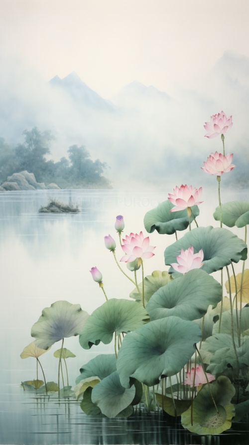 杭州西湖，下雨天，烟雨蒙蒙，湖水，水上有妩媚多姿的荷花，超高清