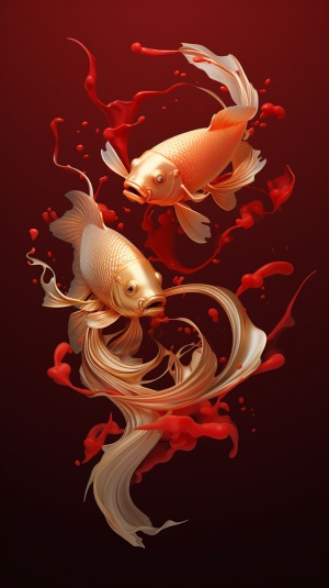 a pair of gold chinese fish on a red background, in the style of mike campau, fluid, joyful celebration of nature, fluid dynamic brushwork
