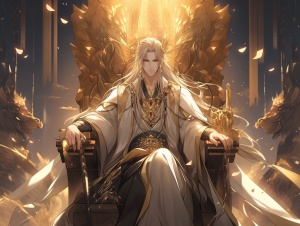 高清4k，远处一座宏伟的神殿，云雾缥缈，东方风格，一位男性神王，坐在神殿的王座上，他长相帅气，剑眉星目，金色长发，身穿金甲，背上长着一对巨大的黄金翅膀，表情呈现邪魅的微笑着。