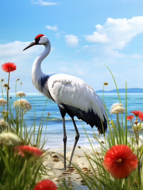 优雅的精致丹顶鹤，水灵灵的眼睛，走在沙滩上，周围有绿色小草和花朵。阳光明媚，阳光线正面照，三维古风，高清晰，立体感，8K