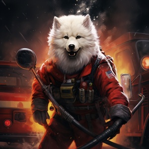 萨摩耶犬穿着消防服，站在消防车边，拿着消防水枪，救火