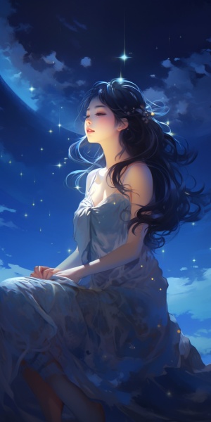 夜晚，流星雨，月亮，银河系，仙女座，一个中国美少女仰望无云蓝色星空，沉思