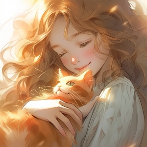 请绘制一个可爱的女孩头像，她温柔地抱着一只橘猫。女孩的面容清秀，眼中闪烁着温柔的光芒，微微上扬的嘴角流露出愉悦和幸福。她的长发如丝般柔顺，轻轻垂落在肩膀上，与橘猫的毛发相映成趣。橘猫乖巧地趴在女孩的怀中，它的大眼睛好奇地注视着前方，仿佛在探索着这个世界。它的毛发柔软而光滑，橘色的皮毛在光线下闪烁着温暖的光芒。女孩的双手轻柔地抚摸着橘猫，展现出她对猫咪的深深喜爱。整个画面充满了温馨和幸福的气息，仿佛让人感受到了女孩与橘猫之间深厚的情感纽带。请注重细节的表现，如女孩的长发、橘猫的毛发以及她们之间的互动，让整个头像更加生动和立体。