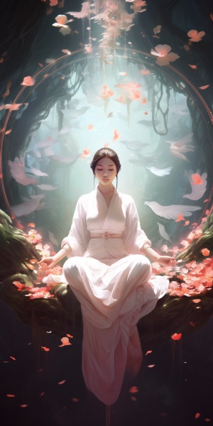 一个在菩提树下打坐的中国古代少女，身穿白色汉服，头顶开出千瓣莲花，发光，彩虹光