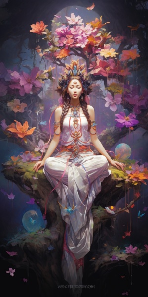 一个在菩提树下打坐的中国古代少女，梳着垂桂髻，身穿齐腰糯裙汉服，头顶开出千瓣莲花，发光，彩虹光，蝴蝶，紫色花海