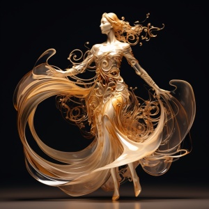 穿着金色礼服的女人移动舞者的翅膀，量子波轨迹，动画gif风格，中国书法效果，漩涡，华丽，复杂的线条，玻璃雕塑。