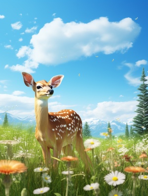一只金色可爱的小鹿，绿色的草地，鲜花盛开，蝴蝶飞舞，蓝天白云，清晰，大师杰作
