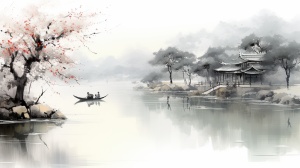 春天，江边，下雨天，中国水墨画风格