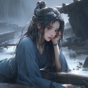 中国古代青衣女孩在枯井中的伤心情绪