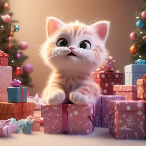 一只可爱的小猫咪穿着可爱的猫咪装，站在一堆礼物旁边，准备拆开新年礼物，显得特别开心和兴奋，18k高清