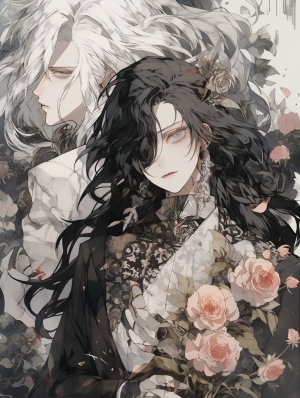 黑色长头发，酷酷的，手上着一朵玫瑰，2个女的图，2个男的图，插画
