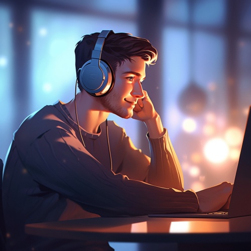 一个带耳机的男青年，在桌子前，坐着看着电脑，开心的表情，三分之二侧脸，真实色彩，超高清8k，辛烷值渲染，先进的色彩。真实光照。
