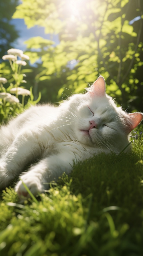 一只白色的猫咪慵懒的睡在绿色的草坪上，太阳光照在它身上
