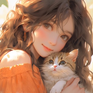 一个可爱的女孩头像，她温柔地抱着一只橘猫。女孩的面容清秀，眼中闪烁着温柔的光芒，微微上扬的嘴角流露出愉悦和幸福。