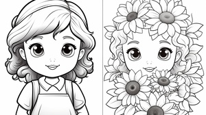 On the left,a black and white simple children's coloring book illustration featuring a sunflower girl with no shading,with a white background.On the right,the same illustration with color.style rawsref res.vekun.comuploadsIMG_1858-1707133037921.JPG stylize 250