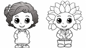 On the left,a black and white simple children's coloring book illustration featuring a sunflower girl with no shading,with a white background.On the right,the same illustration with color.style rawsref res.vekun.comuploadsIMG_1858-1707133037921.JPG stylize 250