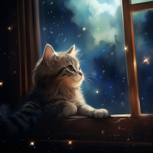 可爱的小猫，在窗台，看星星
