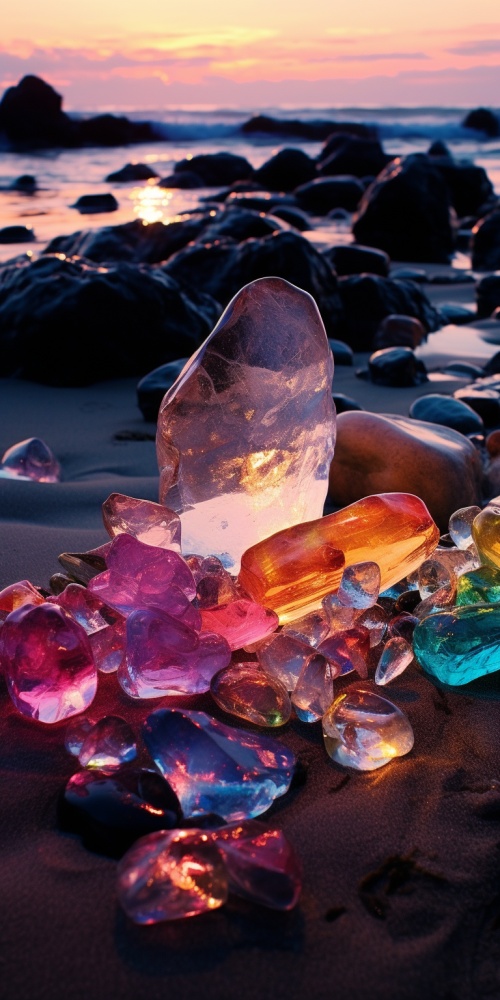 五颜六色的水晶石头，发光，沙滩上，大海，梦幻