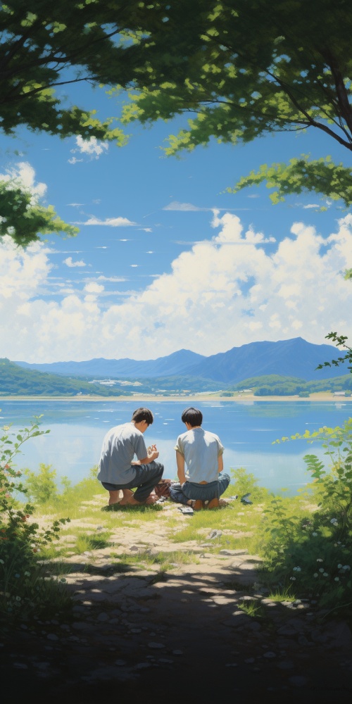 在日本西川市的蓝湖岸边，三个年轻人跪在地上玩玩具，在树下享用冰淇淋。湖水是深蓝色的，周围是绿色的山脉和白云。在夏天，欣赏广阔的湖泊和清澈的海水的风景是非常令人耳目一新的。莫奈的风格。
