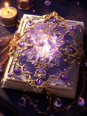 Hand-painted, illustrated, a magic book,European classical pattern, three-dimensional pattern, purple gems, gold flash, placed on the table, hand-painted,